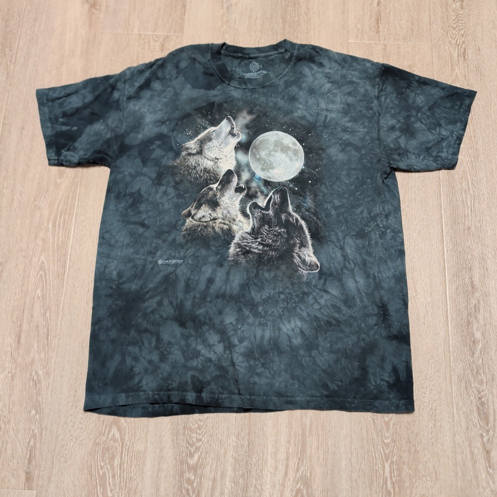 Y2K The Mountain Howling Wolf Moon T-Shirt Mens XL Charcoal Tie Dye Nature Tee